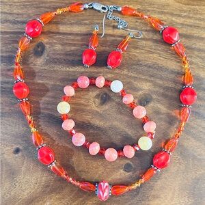 Women's Red Beaded Necklace Set with Matching Bracelet and Earrings - Handmade